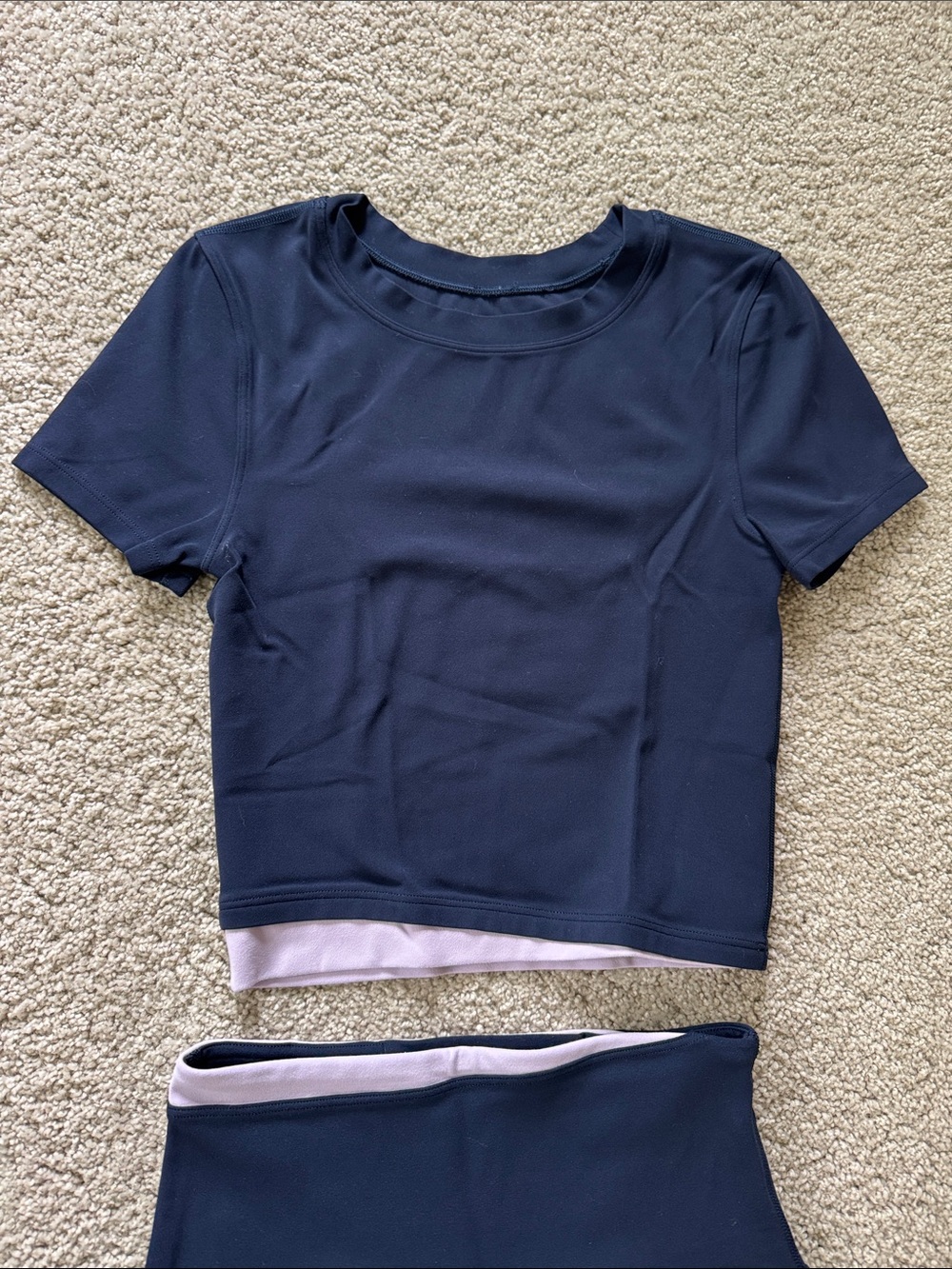 LULULEMON Navy Blue Purple Cropped Tee and Short Set 2/XXS - Picture 3 of 6